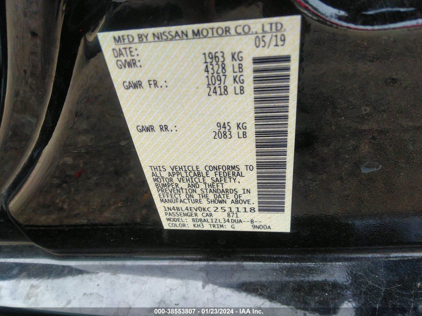 VIN 1N4BL4EV0KC251118 2019 NISSAN ALTIMA SL