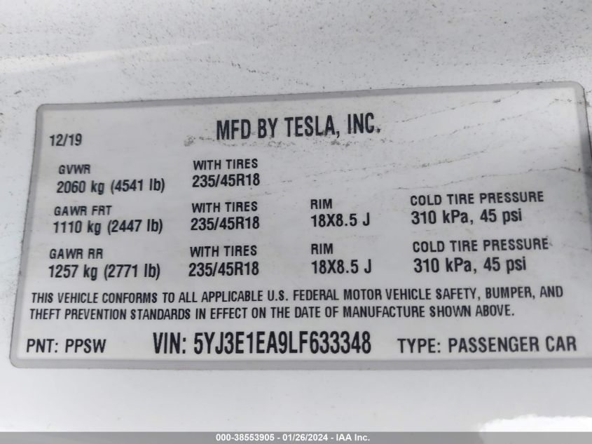 2020 TESLA MODEL 3 - 5YJ3E1EA9LF633348