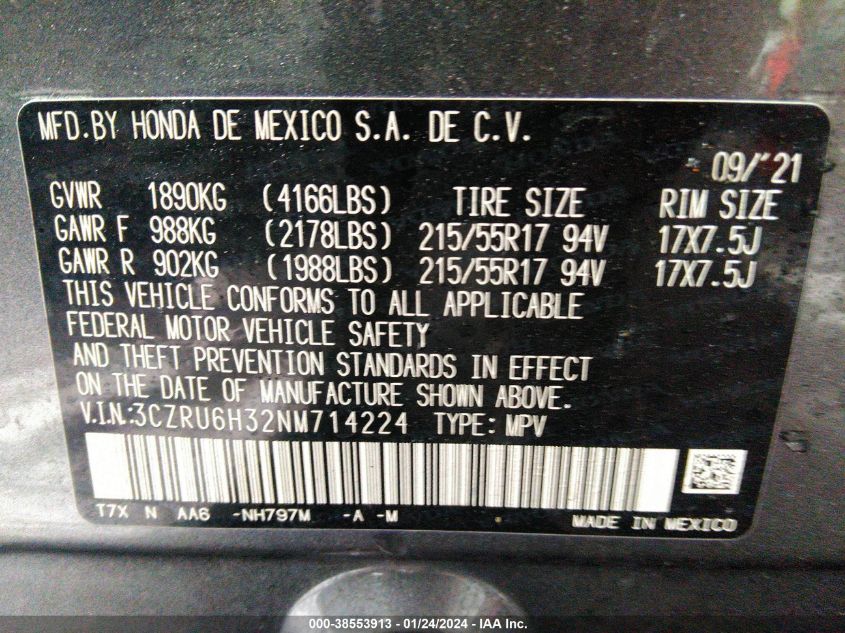 2022 HONDA HR-V LX - 3CZRU6H32NM714224