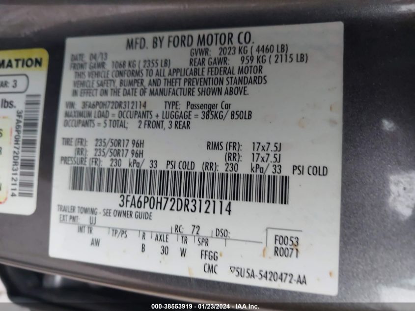 2013 FORD FUSION SE - 3FA6P0H72DR312114