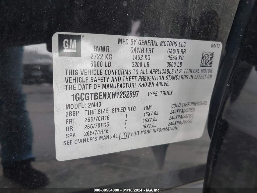 2017 CHEVROLET COLORADO - 1GCGTBENXH1252897