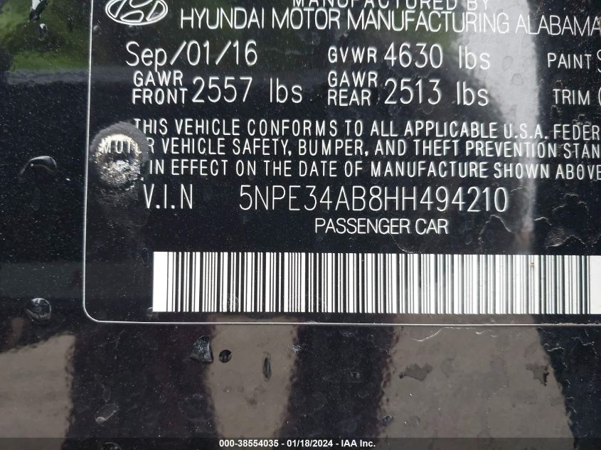 2017 HYUNDAI SONATA LIMITED 2.0T - 5NPE34AB8HH494210