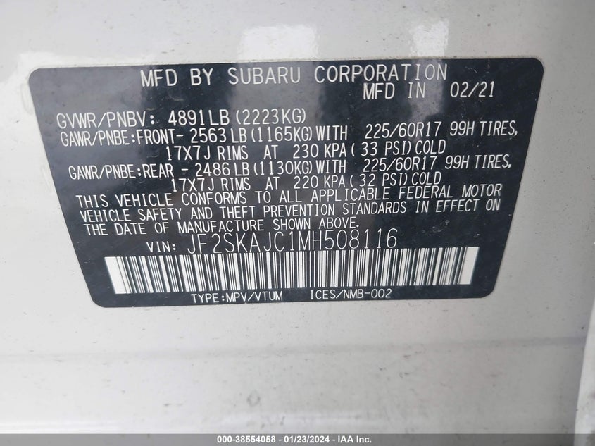 VIN JF2SKAJC1MH508116 2021 SUBARU FORESTER PREMIUM