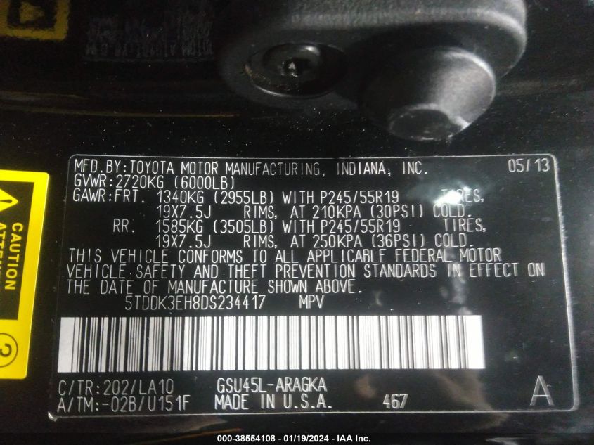 2013 TOYOTA HIGHLANDER LIMITED - 5TDDK3EH8DS234417