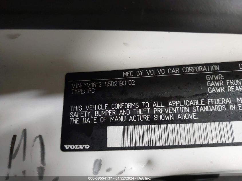 2013 VOLVO S60 T5/T5 PLATINUM/T5 PREMIER/T5 PREMIER PLUS - YV1612FS5D2193102