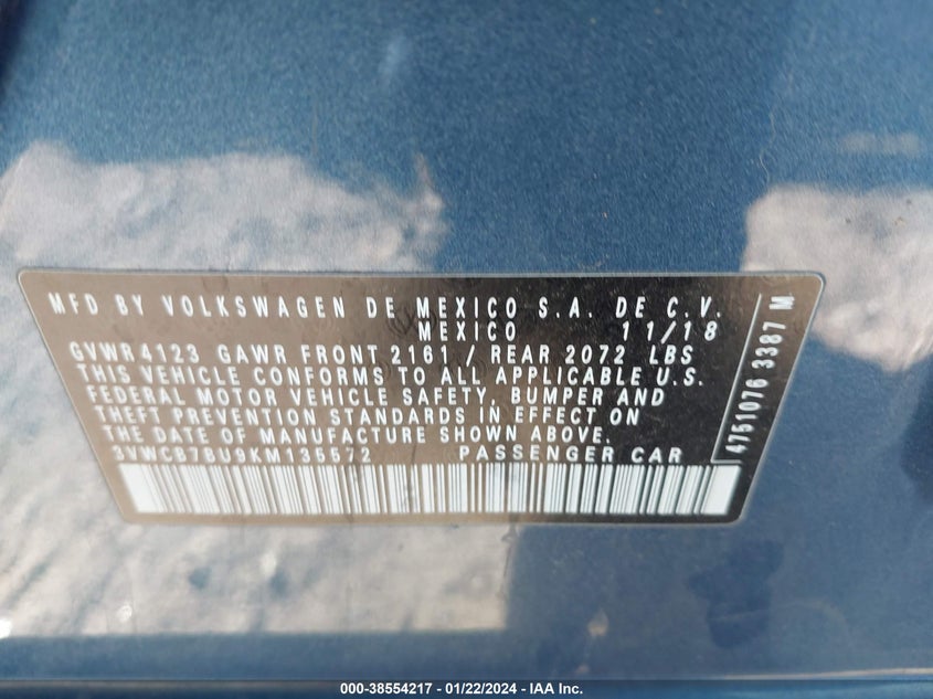 VIN 3VWCB7BU9KM135572 2019 VOLKSWAGEN JETTA S/SE/R-LINE