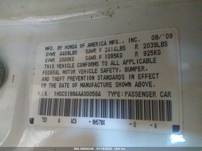 1HGCS1B84AA000564 | 2010 HONDA ACCORD