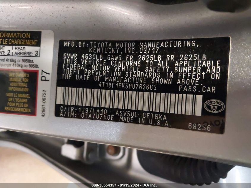 2017 TOYOTA CAMRY LE/XLE/SE/XSE - 4T1BF1FK5HU762665