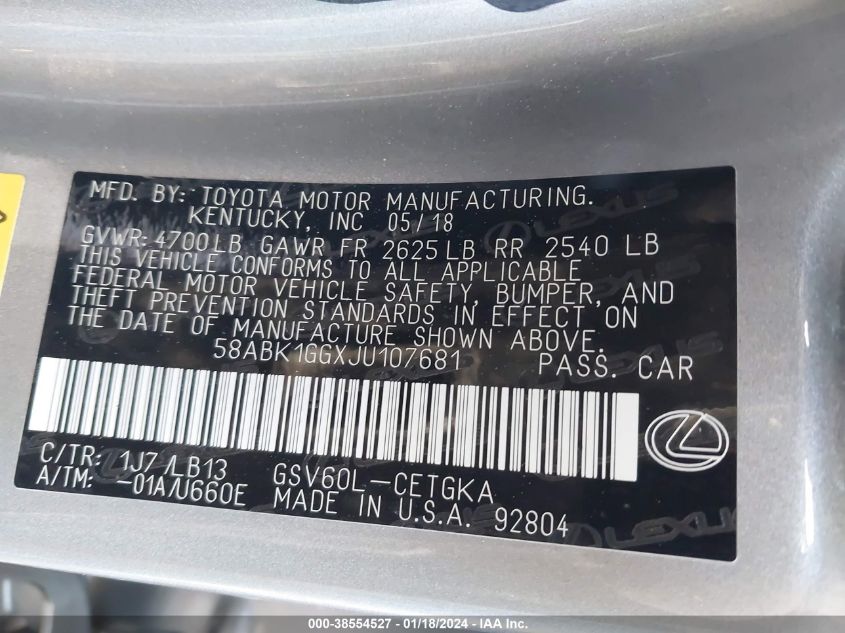 2018 LEXUS ES 350 - 58ABK1GGXJU107681