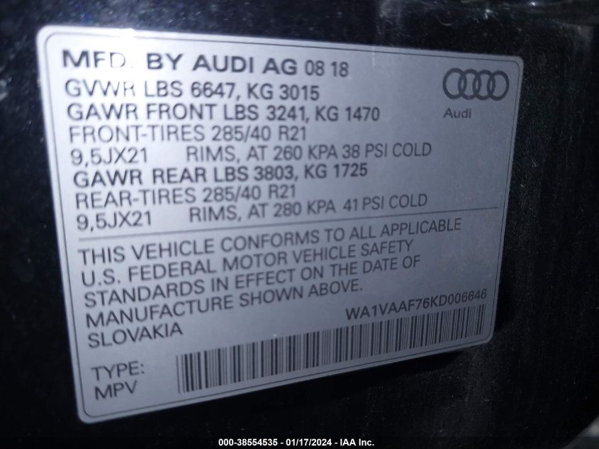 WA1VAAF76KD006646 2019 AUDI Q7, photo no. 9