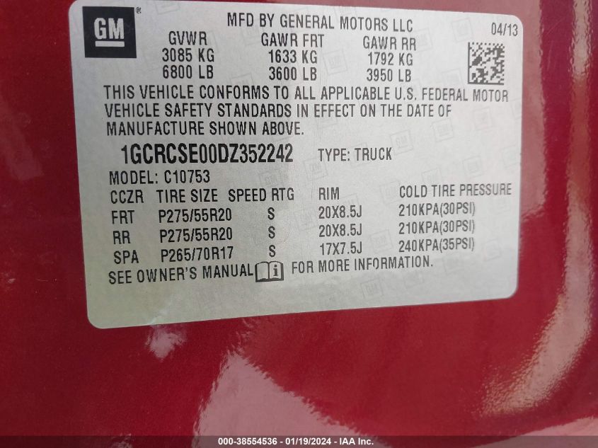 2013 CHEVROLET SILVERADO 1500 LT - 1GCRCSE00DZ352242