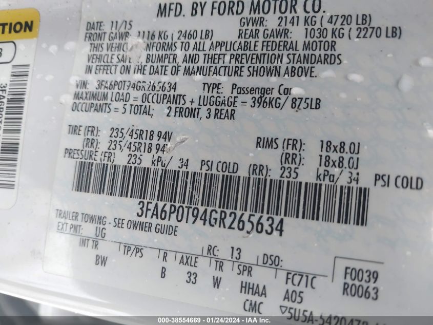 2016 FORD FUSION SE - 3FA6P0T94GR265634