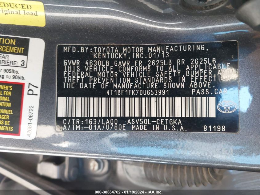 2013 TOYOTA CAMRY XLE - 4T1BF1FK7DU653991