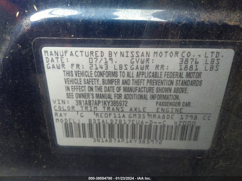 2019 NISSAN SENTRA S/SV/SR/SL - 3N1AB7AP1KY385972