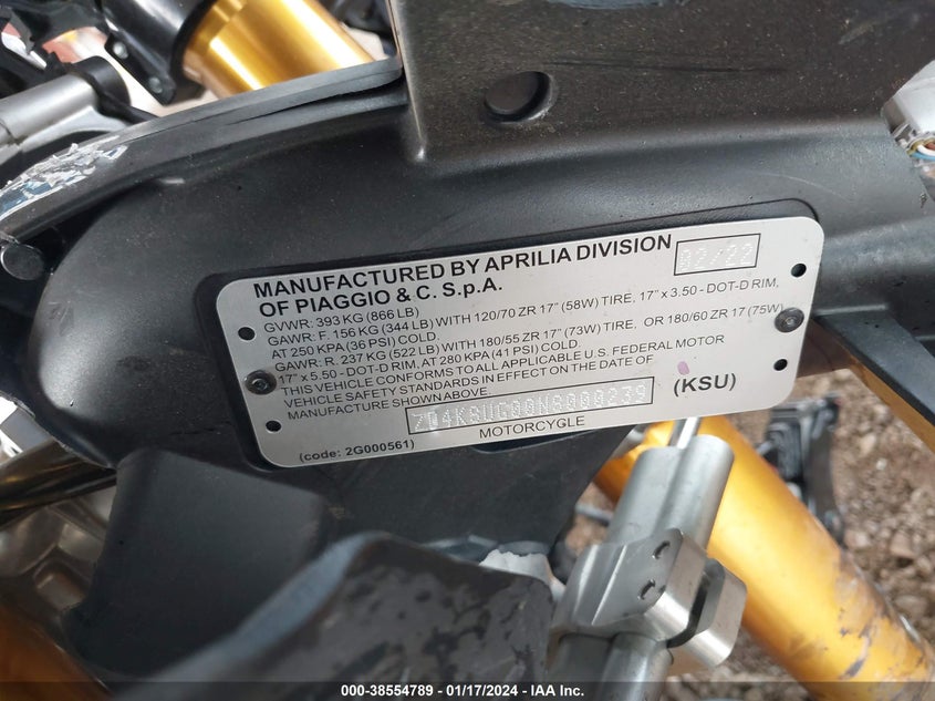 VIN ZD4KSUG00NS000239 2022 APRILIA RS 660