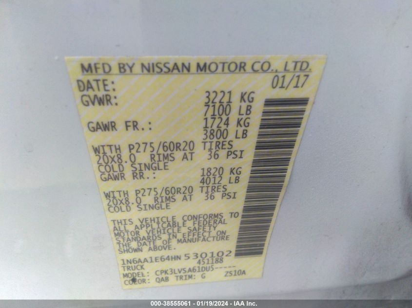 2017 NISSAN TITAN SV/SL/PLATINUM RESERVE - 1N6AA1E64HN530102