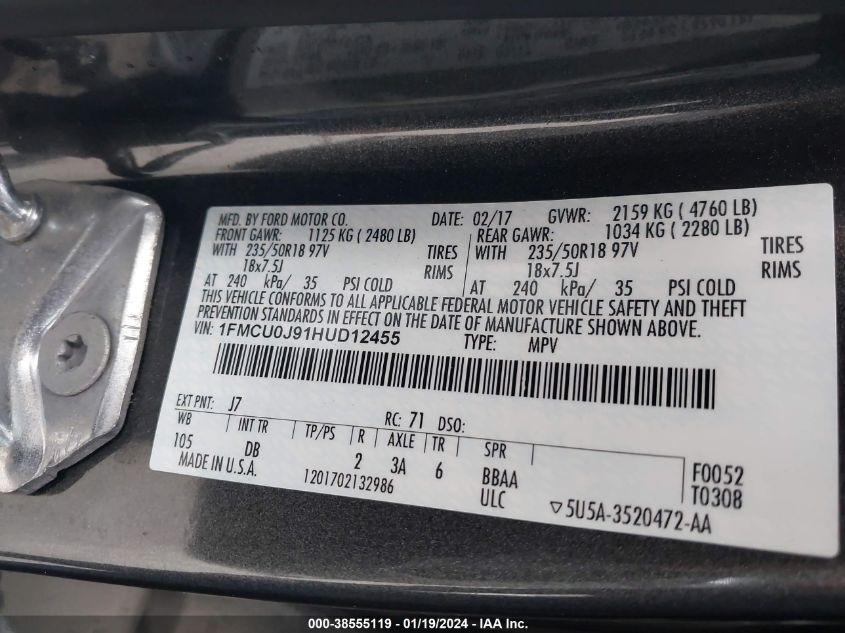 2017 FORD ESCAPE TITANIUM - 1FMCU0J91HUD12455