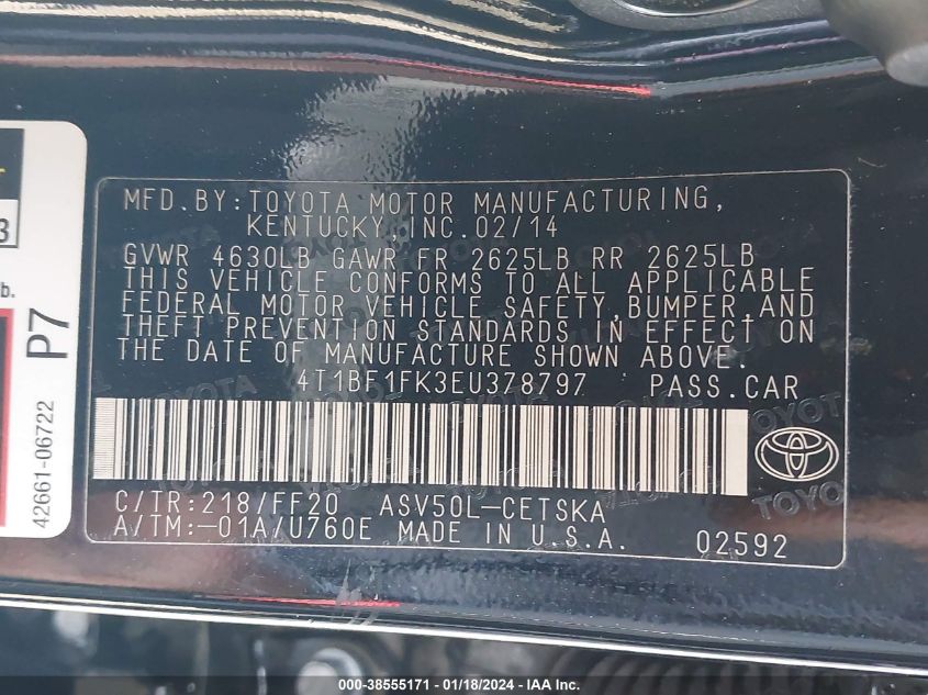 2014 TOYOTA CAMRY SE - 4T1BF1FK3EU378797