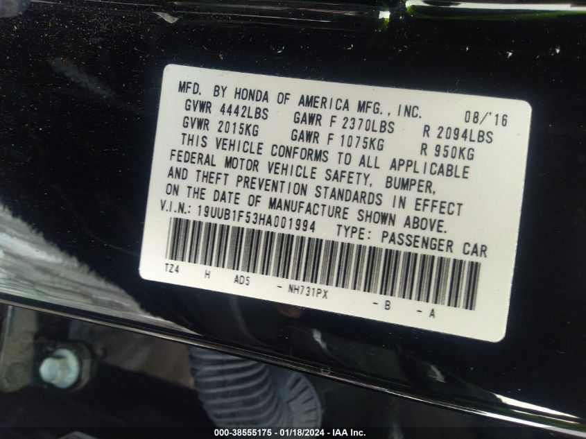 2017 ACURA TLX TECHNOLOGY PACKAGE - 19UUB1F53HA001994
