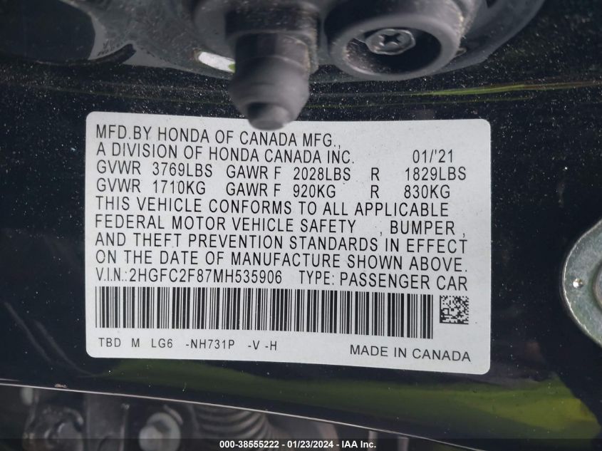 2021 HONDA CIVIC SPORT - 2HGFC2F87MH535906