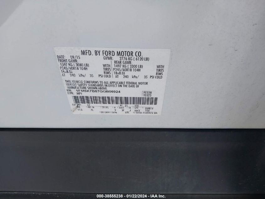 2016 FORD EXPLORER - 1FM5K7B87GGB06924