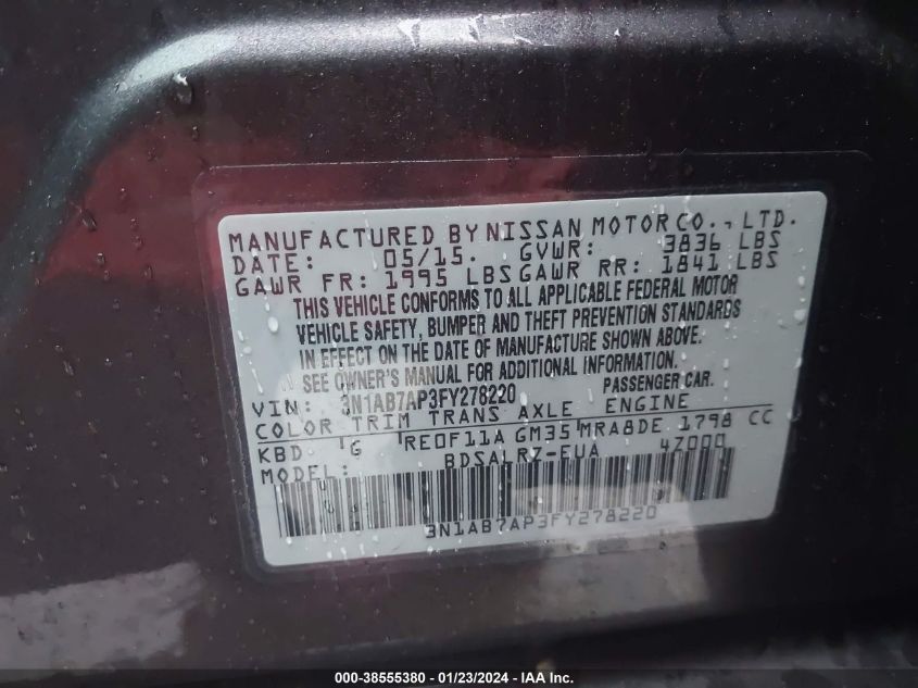 2015 NISSAN SENTRA S/SV/SR/SL - 3N1AB7AP3FY278220