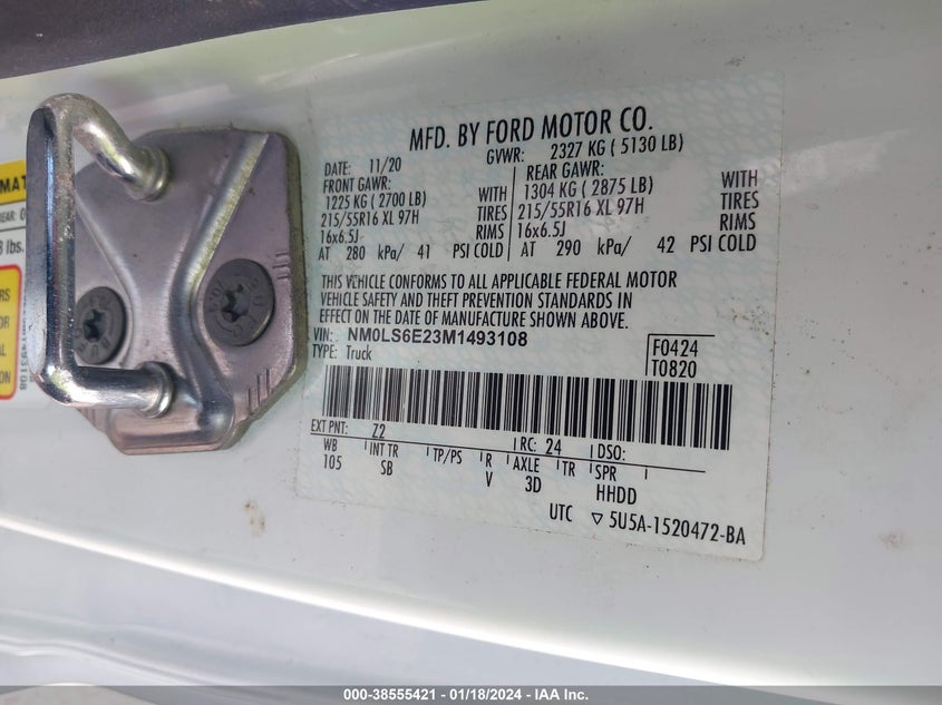 2021 FORD TRANSIT CONNECT 2.0L I4   N(VIN: NM0LS6E23M1493108