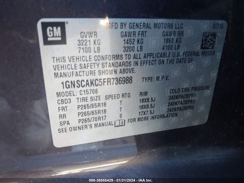 2015 CHEVROLET TAHOE LS - 1GNSCAKC5FR736988