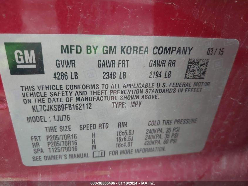 2015 CHEVROLET TRAX 1LS - KL7CJKSB9FB162112