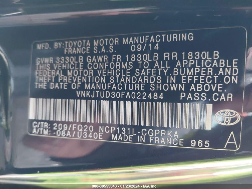 2015 TOYOTA YARIS - VNKJTUD30FA022484