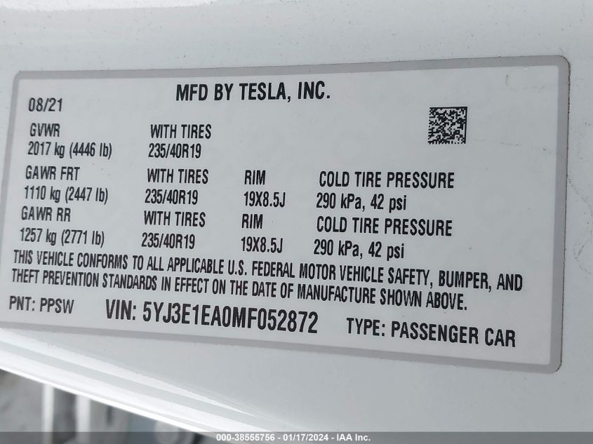 2021 TESLA MODEL 3 STANDARD RANGE PLUS REAR-WHEEL DRIVE - 5YJ3E1EA0MF052872