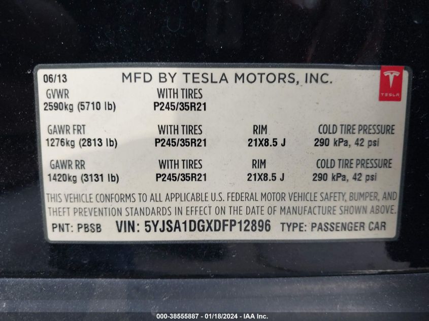 2013 TESLA MODEL S - 5YJSA1DGXDFP12896