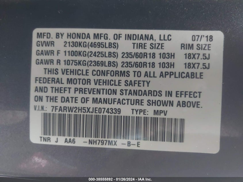 VIN 7FARW2H5XJE074339 2018 HONDA CR-V EX