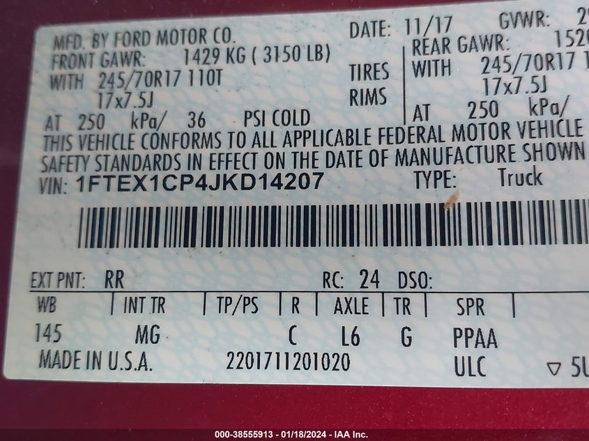 VIN 1FTEX1CP4JKD14207 2018 FORD F-150 XLT