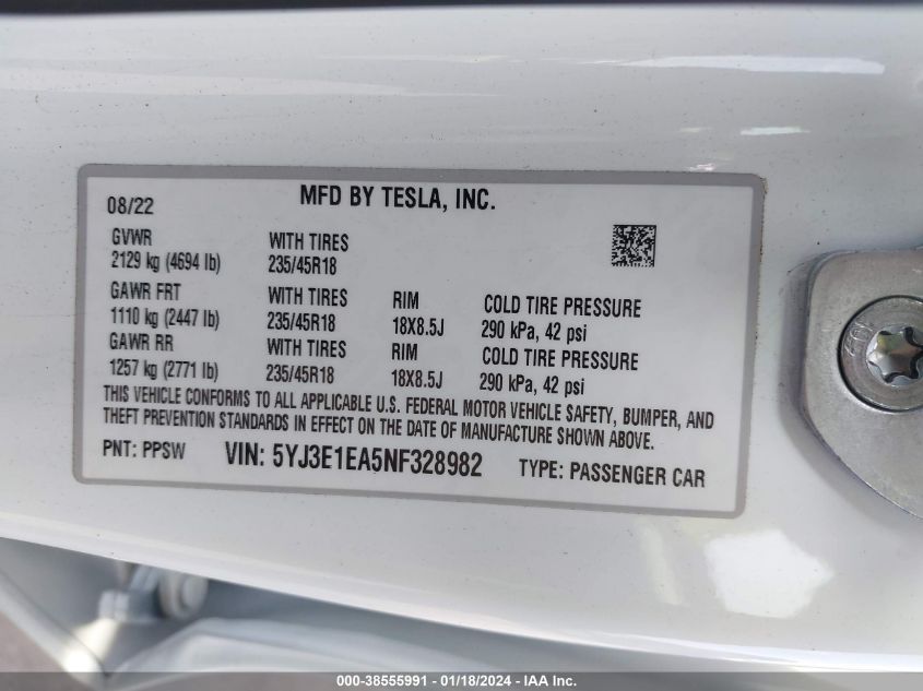2022 TESLA MODEL 3 REAR-WHEEL DRIVE - 5YJ3E1EA5NF328982