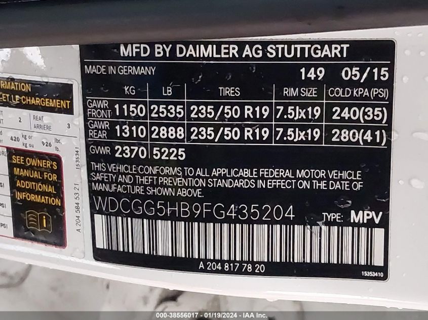 2015 MERCEDES-BENZ GLK 350 WDCGG5HB9FG435204