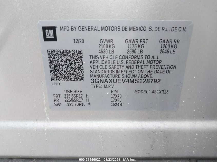 2021 CHEVROLET EQUINOX LT - 3GNAXUEV4MS128792