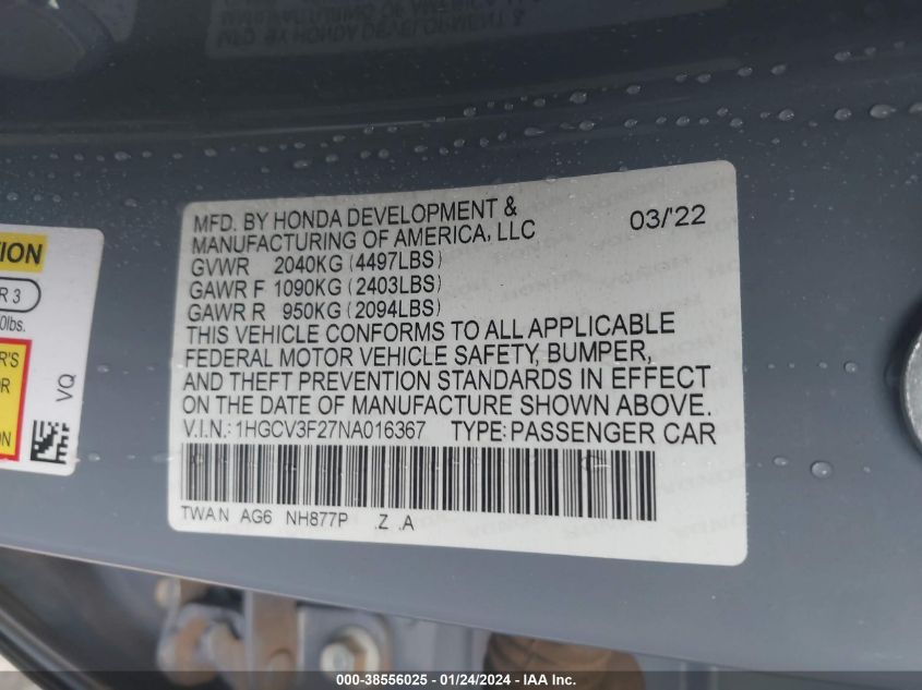 2022 HONDA ACCORD HYBRID SPORT - 1HGCV3F27NA016367