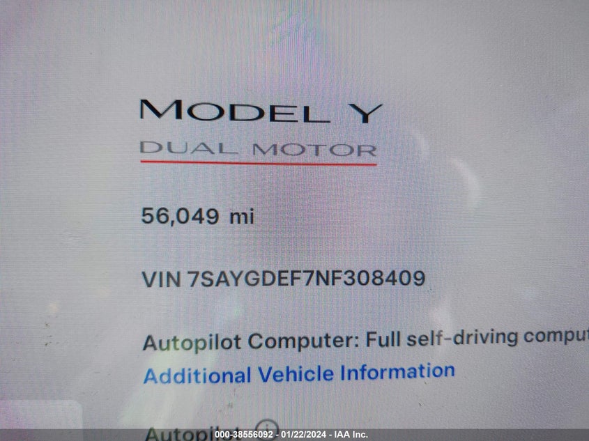 VIN 7SAYGDEF7NF308409 2022 TESLA MODEL Y