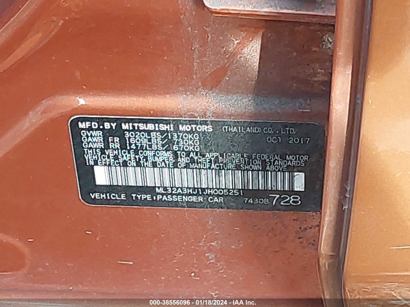 VIN ML32A3HJ1JH005251 2018 MITSUBISHI MIRAGE ES