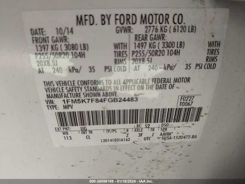 2015 FORD EXPLORER LIMITED - 1FM5K7F84FGB24483