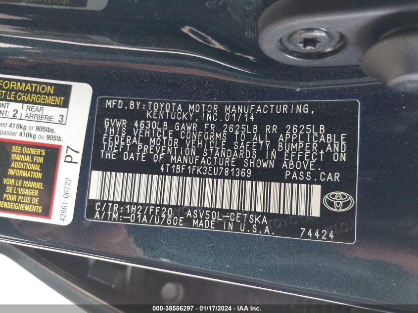 2014 TOYOTA CAMRY L/LE/SE/SE SPORT/XLE - 4T1BF1FK3EU781369