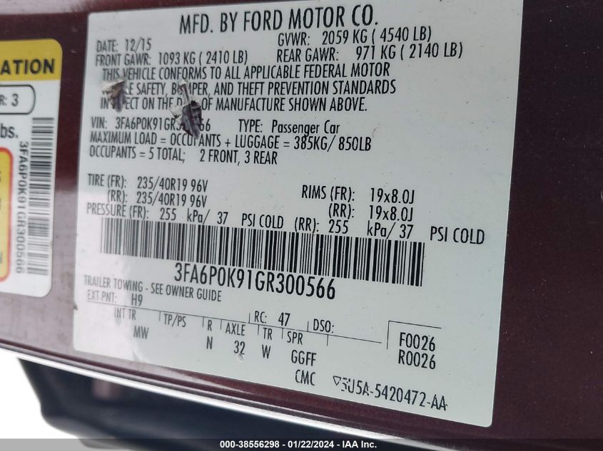 2016 FORD FUSION TITANIUM - 3FA6P0K91GR300566