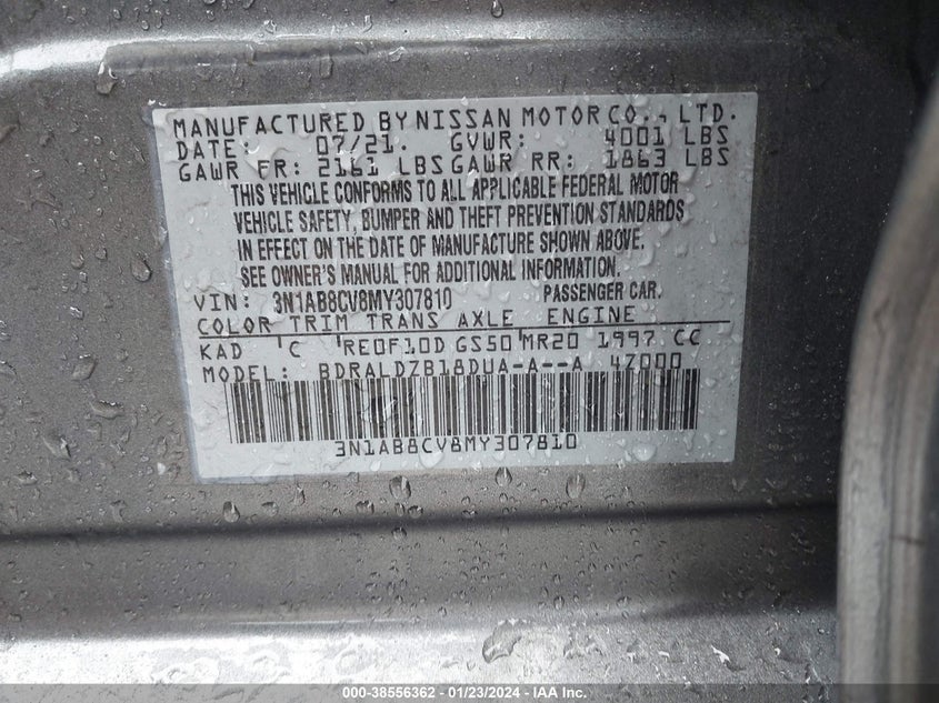 VIN 3N1AB8CV8MY307810 2021 NISSAN SENTRA SV XTRONIC CVT