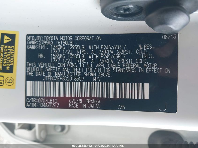 2013 TOYOTA HIGHLANDER HYBRID BASE V6 JTEBC3EH8D2018509
