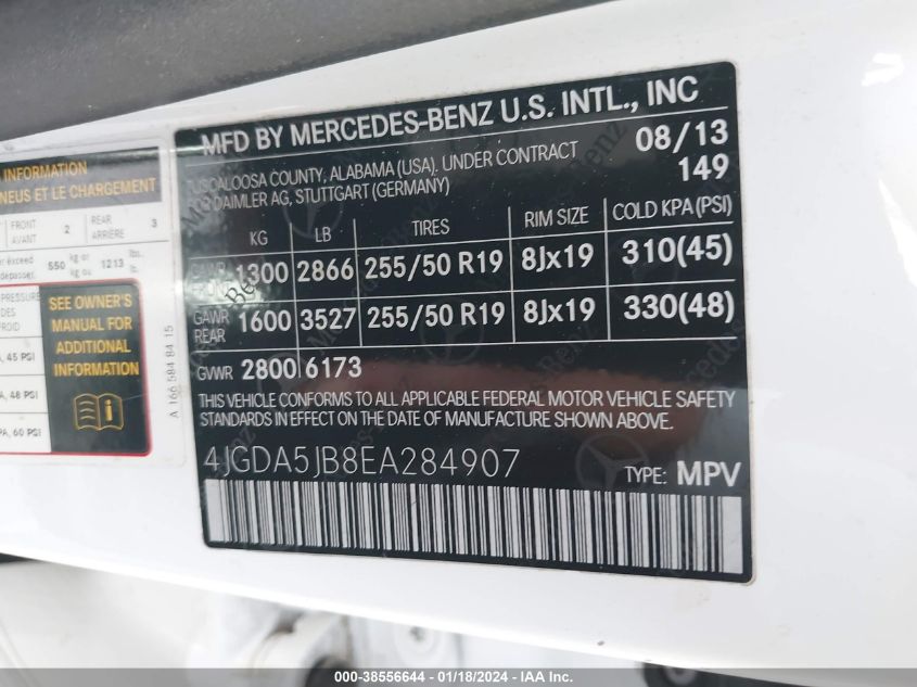 VIN 4JGDA5JB8EA284907 2014 MERCEDES-BENZ ML 350 no.9