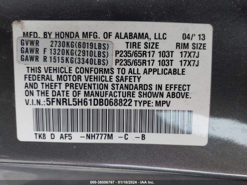 2013 HONDA ODYSSEY EX-L - 5FNRL5H61DB068822