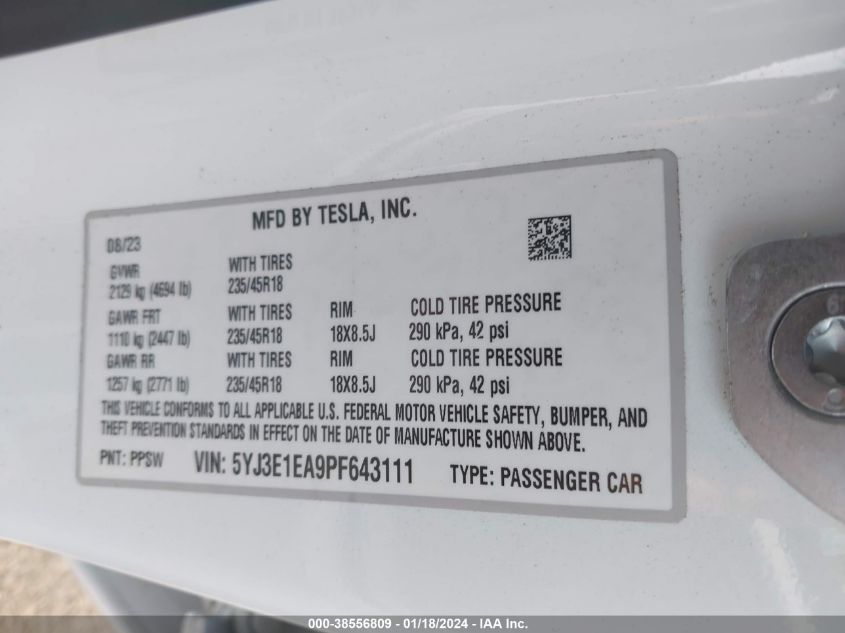 2023 TESLA MODEL 3 REAR-WHEEL DRIVE - 5YJ3E1EA9PF643111