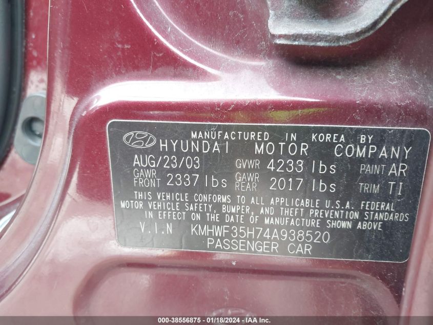 KMHWF35H74A938520 | 2004 HYUNDAI SONATA