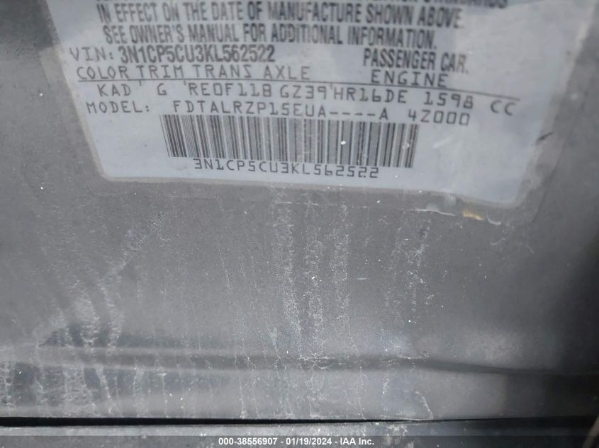 2019 NISSAN KICKS S/SR/SV - 3N1CP5CU3KL562522
